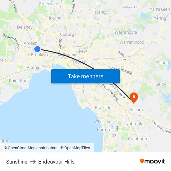 Sunshine to Endeavour Hills map