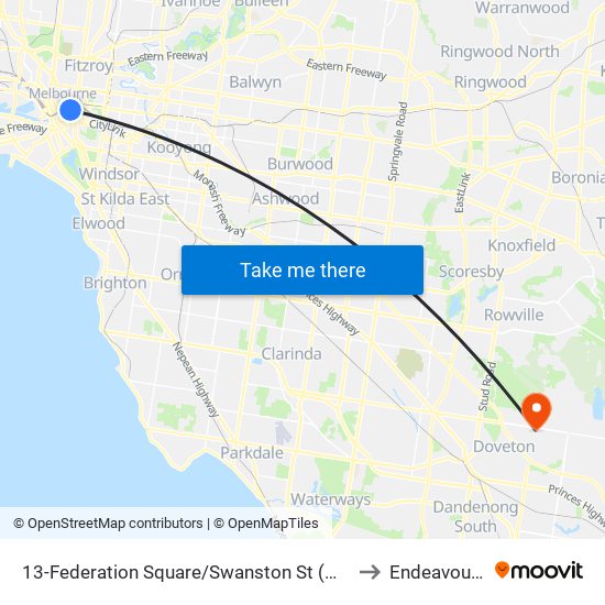 13-Federation Square/Swanston St (Melbourne City) to Endeavour Hills map