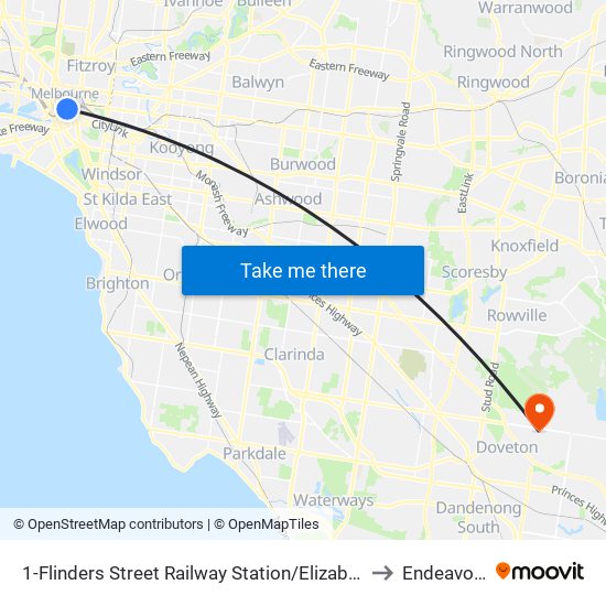 1-Flinders Street Railway Station/Elizabeth St (Melbourne City) to Endeavour Hills map