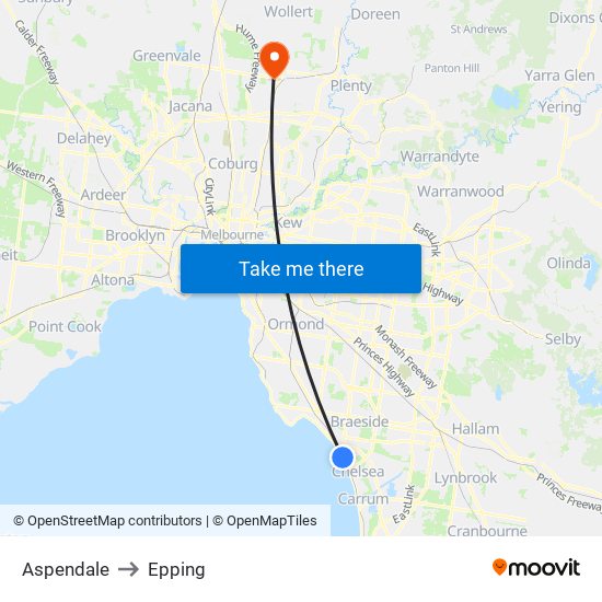 Aspendale to Epping map