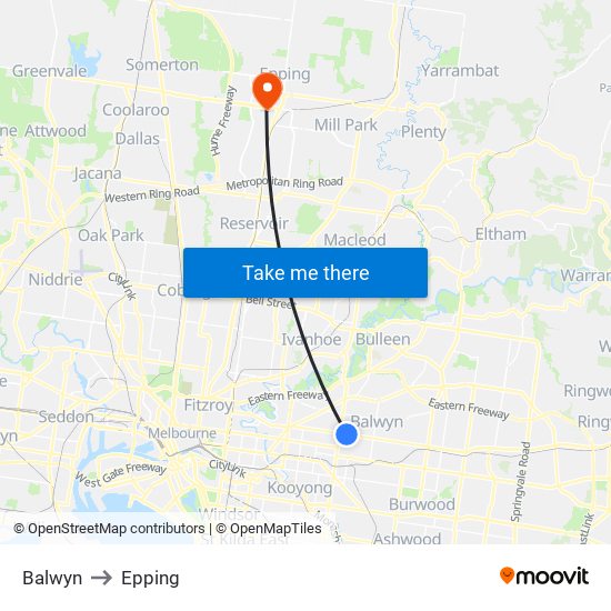 Balwyn to Epping map