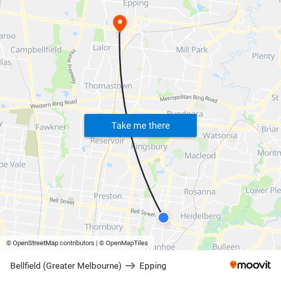 Bellfield (Greater Melbourne) to Epping map