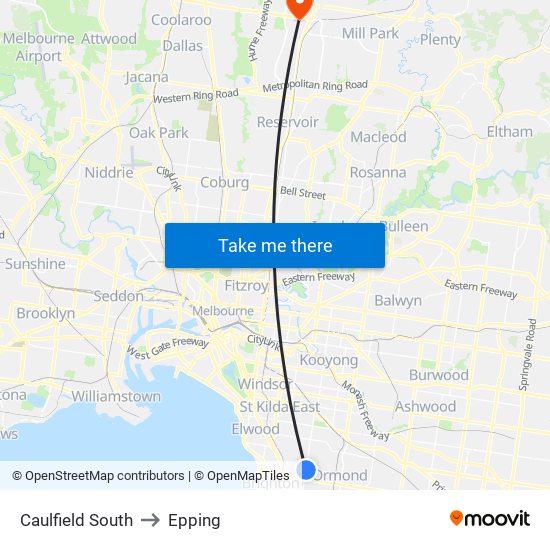 Caulfield South to Epping map