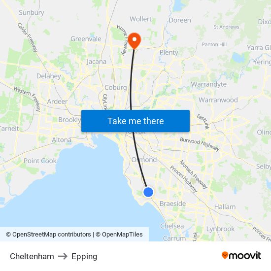 Cheltenham to Epping map