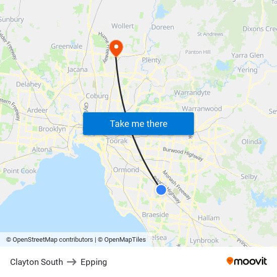 Clayton South to Epping map