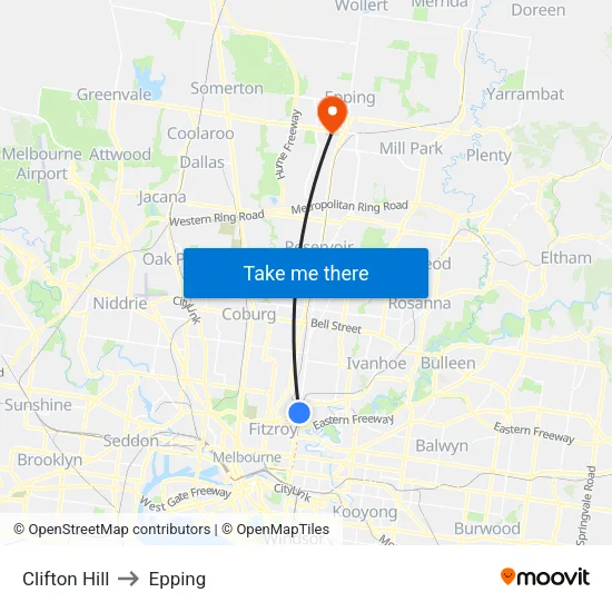 Clifton Hill to Epping map