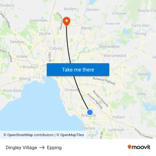 Dingley Village to Epping map