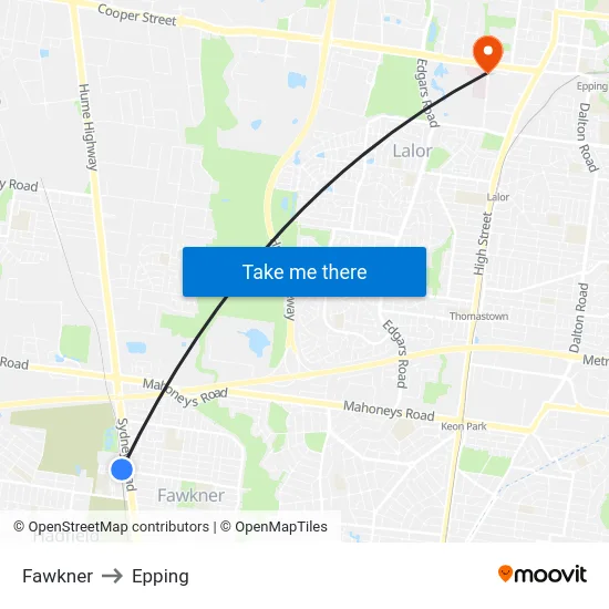 Fawkner to Epping map