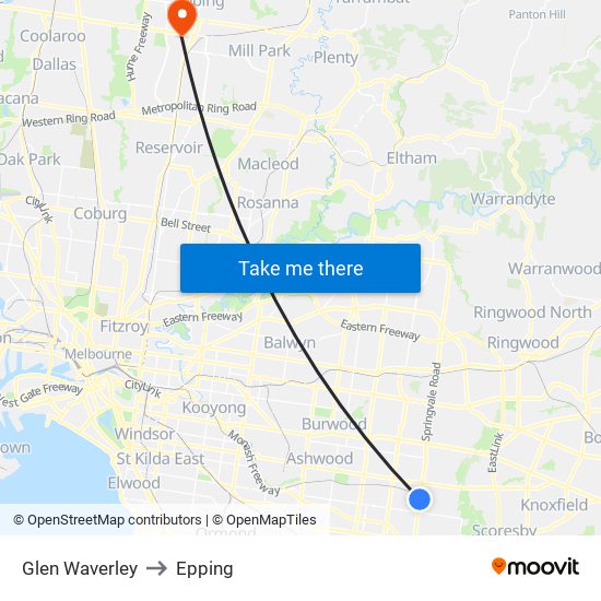 Glen Waverley to Epping map