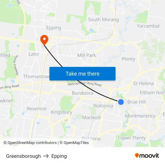 Greensborough to Epping map
