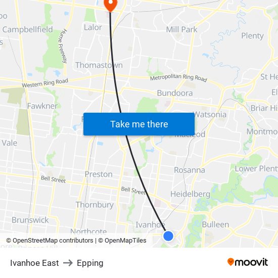 Ivanhoe East to Epping map