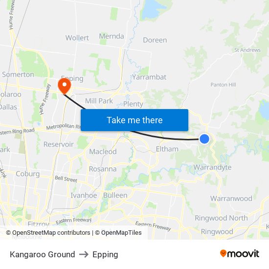 Kangaroo Ground to Epping map