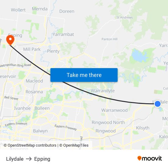 Lilydale to Epping map