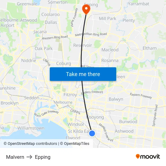 Malvern to Epping map
