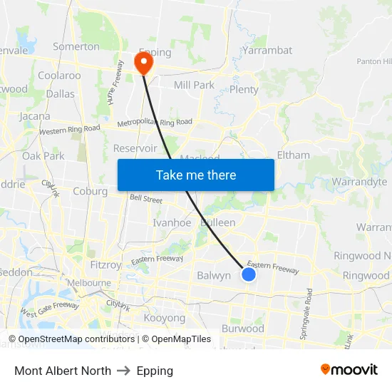 Mont Albert North to Epping map