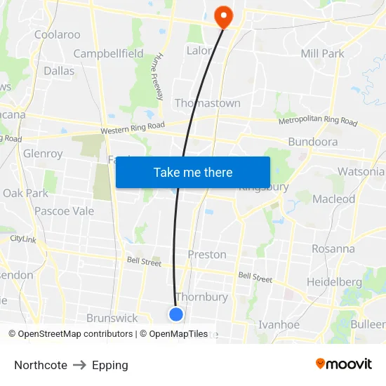 Northcote to Epping map
