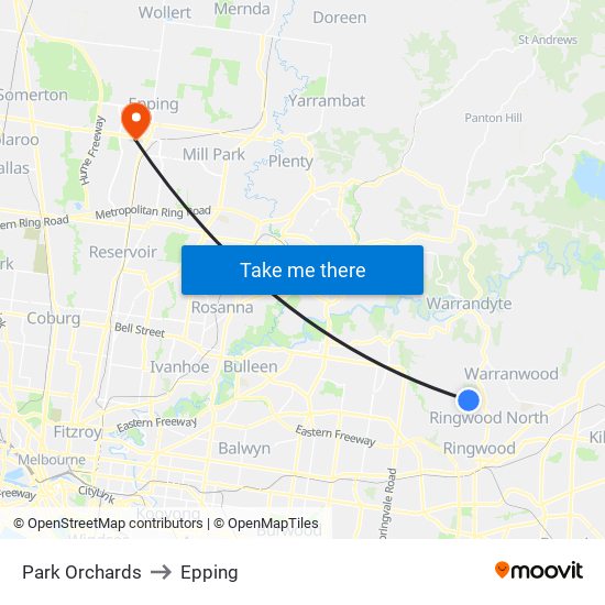 Park Orchards to Epping map