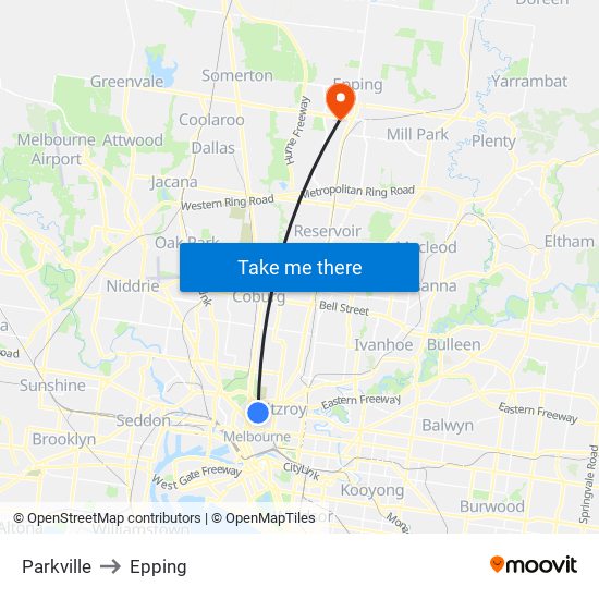 Parkville to Epping map