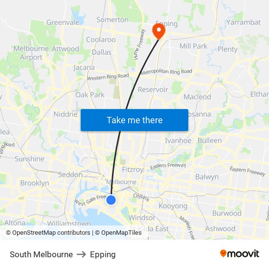 South Melbourne to Epping map