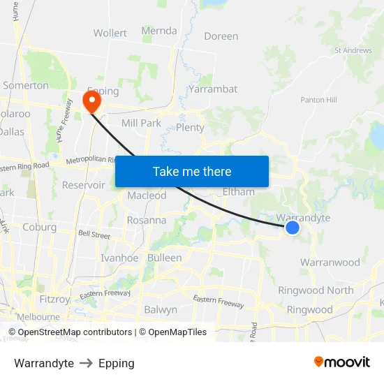 Warrandyte to Epping map