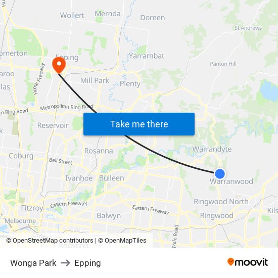 Wonga Park to Epping map