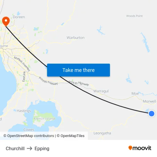 Churchill to Epping map