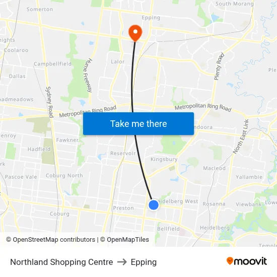 Northland Shopping Centre to Epping map