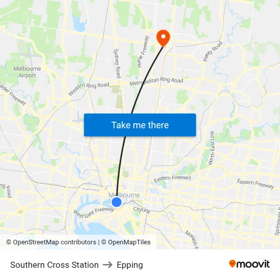 Southern Cross Station to Epping map