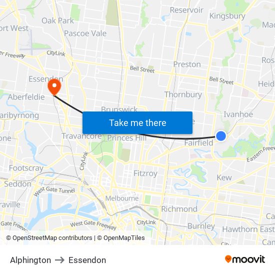 Alphington to Essendon map