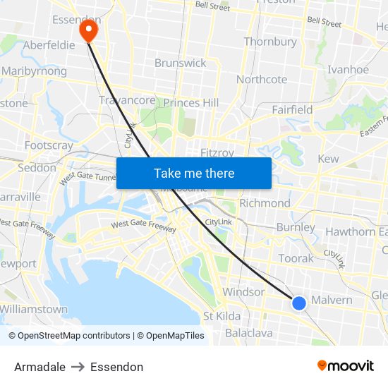 Armadale to Essendon map