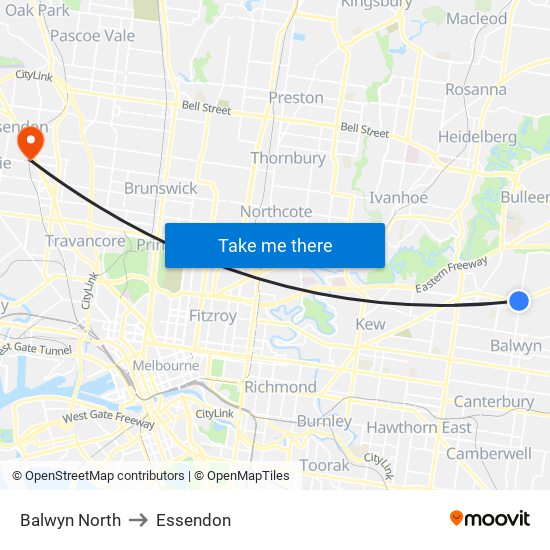 Balwyn North to Essendon map