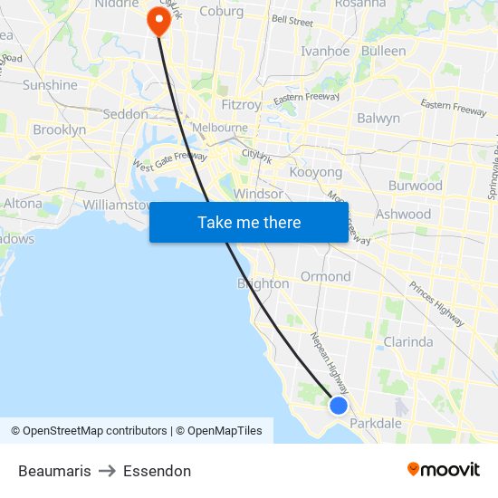 Beaumaris to Essendon map