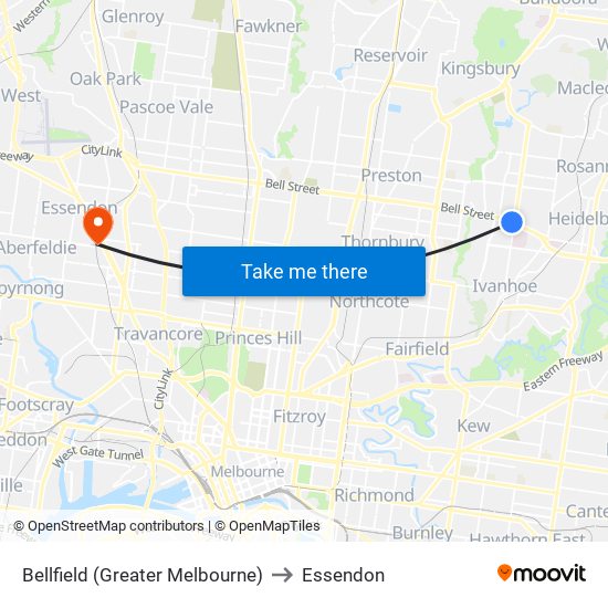 Bellfield (Greater Melbourne) to Essendon map