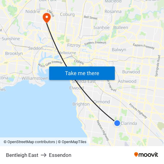 Bentleigh East to Essendon map