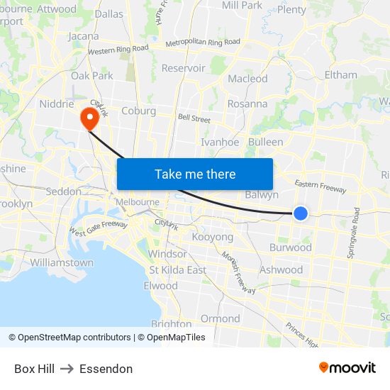 Box Hill to Essendon map