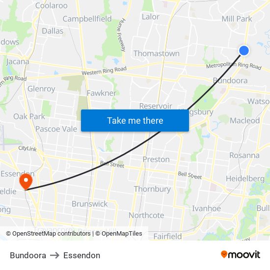 Bundoora to Essendon map