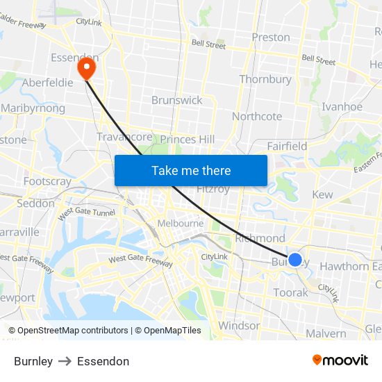 Burnley to Essendon map