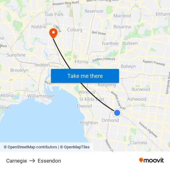 Carnegie to Essendon map