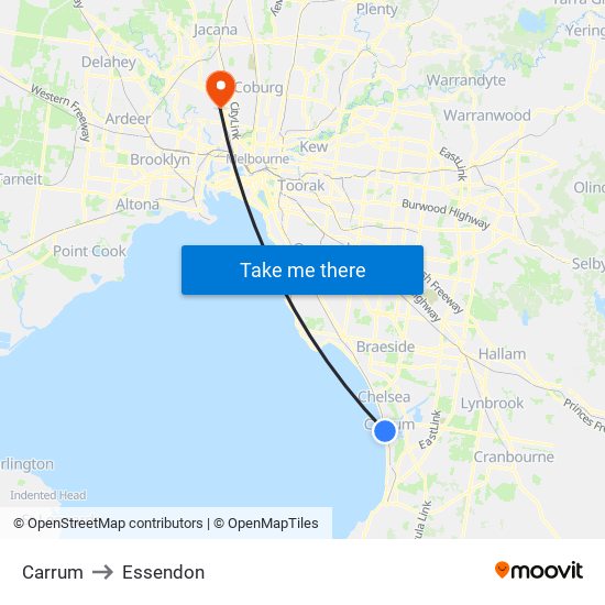 Carrum to Essendon map