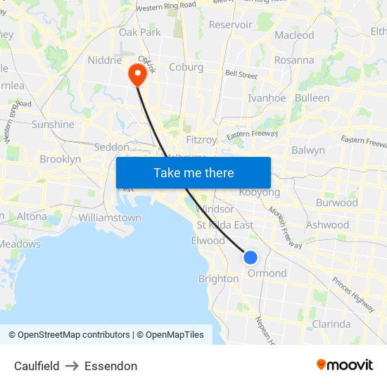 Caulfield to Essendon map