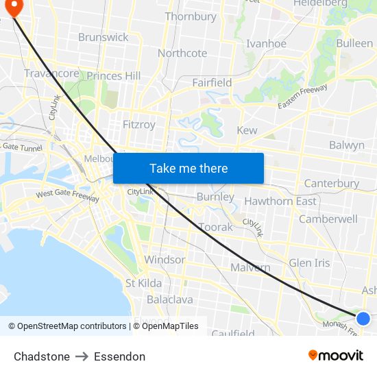 Chadstone to Essendon map