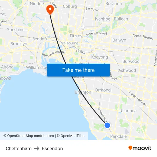 Cheltenham to Essendon map