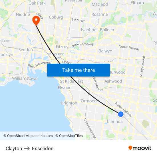 Clayton to Essendon map