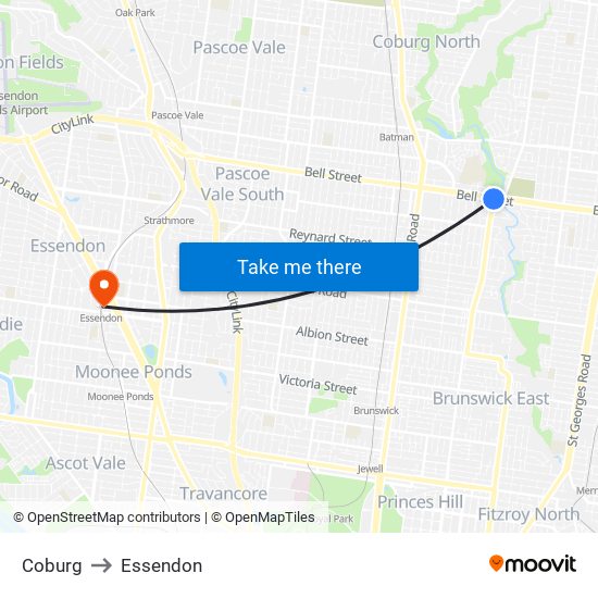 Coburg to Essendon map