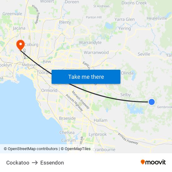 Cockatoo to Essendon map
