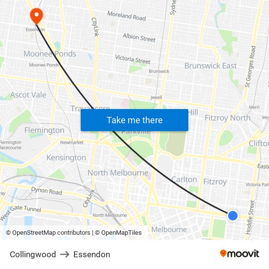 Collingwood to Essendon map