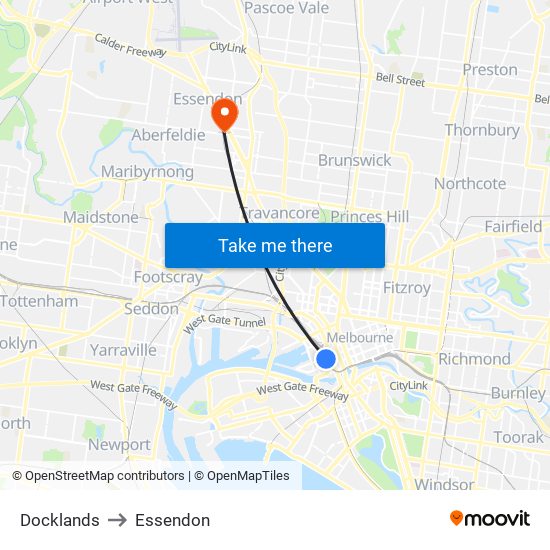 Docklands to Essendon map