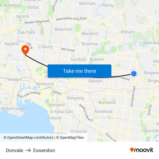 Donvale to Essendon map