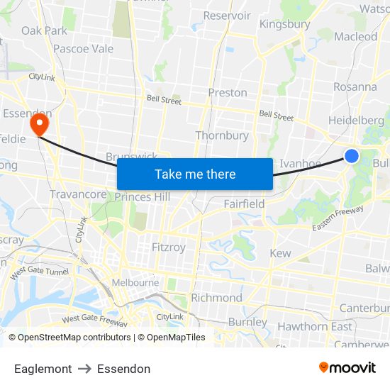 Eaglemont to Essendon map