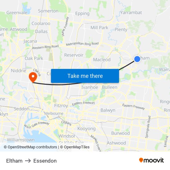 Eltham to Essendon map